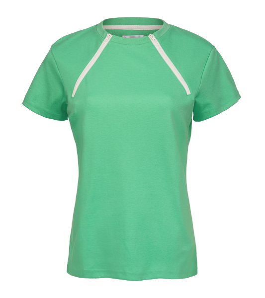 Women's aqua green dual zippered chest access shirt. Great for chemo and dialysis patients who have chest access sites.