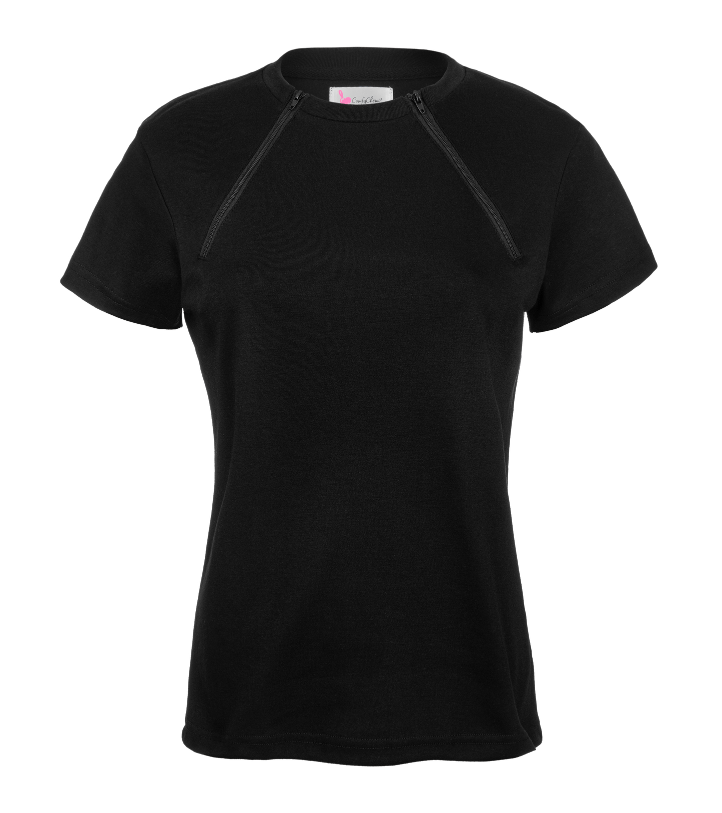 ComfyChemo®CHEMOWEAR and ComfyAccess®INFUSIONWEAR Women's dual zippered black short sleeve chest access shirt. Great for chemo and dialysis.