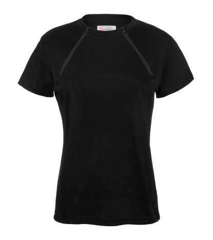 ComfyChemo®CHEMOWEAR and ComfyAccess®INFUSIONWEAR Women's dual zippered black short sleeve chest access shirt. Great for chemo and dialysis.