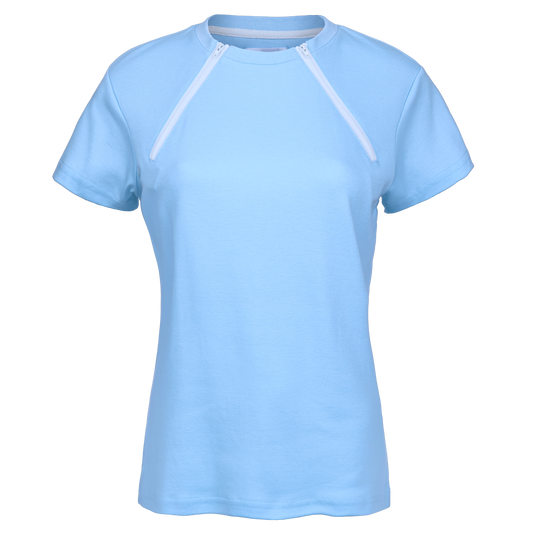  ComfyChemo®CHEMOWEAR and ComfyAccess®INFUSIONWEAR Women's periwinkle blue dual zippered chest access shirt. Great for chemo and dialysis.