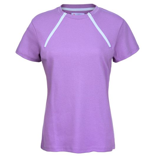  ComfyChemo®CHEMOWEAR and ComfyAccess®INFUSIONWEAR Women's Lavender dual zippered chest access shirt. Great for chemo and dialysis.
