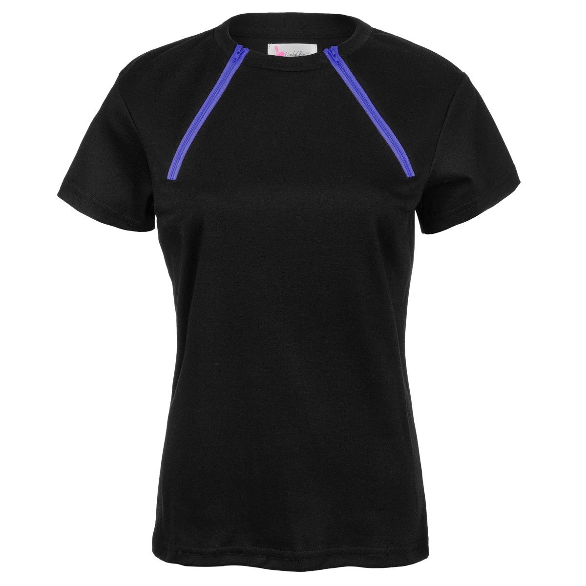 ComfyChemo®CHEMOWEAR and ComfyAccess®INFUSIONWEAR Women's dual zippered black with purple zipper short sleeve chest access shirt. Great for chemo and dialysis.