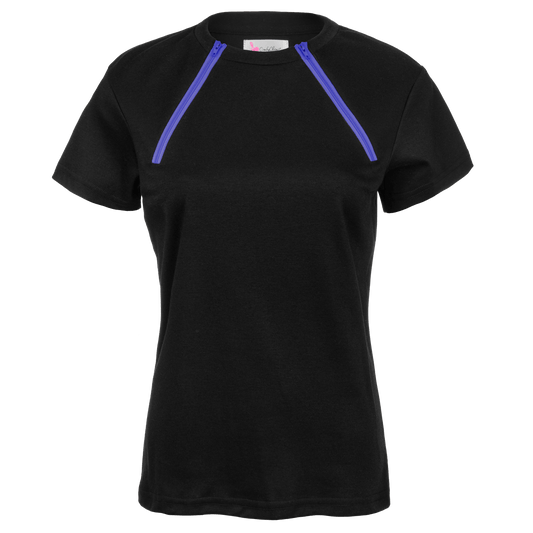 ComfyChemo®CHEMOWEAR and ComfyAccess®INFUSIONWEAR Women's dual zippered black with purple zipper short sleeve chest access shirt. Great for chemo and dialysis.