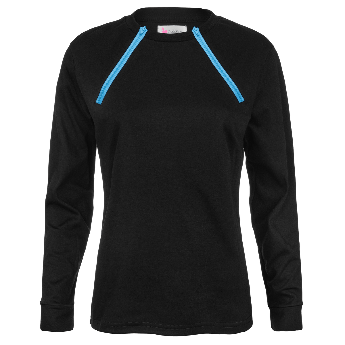 ComfyChemo®CHEMOWEAR and ComfyAccess®INFUSIONWEAR Women's Long Sleeve FunZip Black with Blue Zipper Chest Access Shirt.