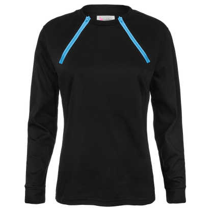ComfyChemo®CHEMOWEAR and ComfyAccess®INFUSIONWEAR Women's Long Sleeve FunZip Black with Blue Zipper Chest Access Shirt.