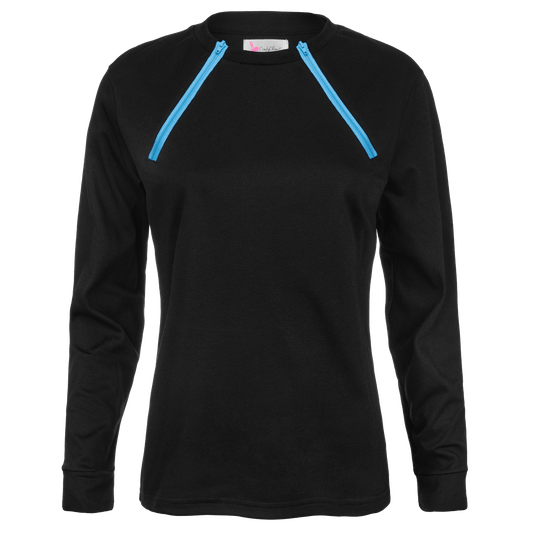 ComfyChemo®CHEMOWEAR and ComfyAccess®INFUSIONWEAR Women's Long Sleeve FunZip Black with Blue Zipper Chest Access Shirt.