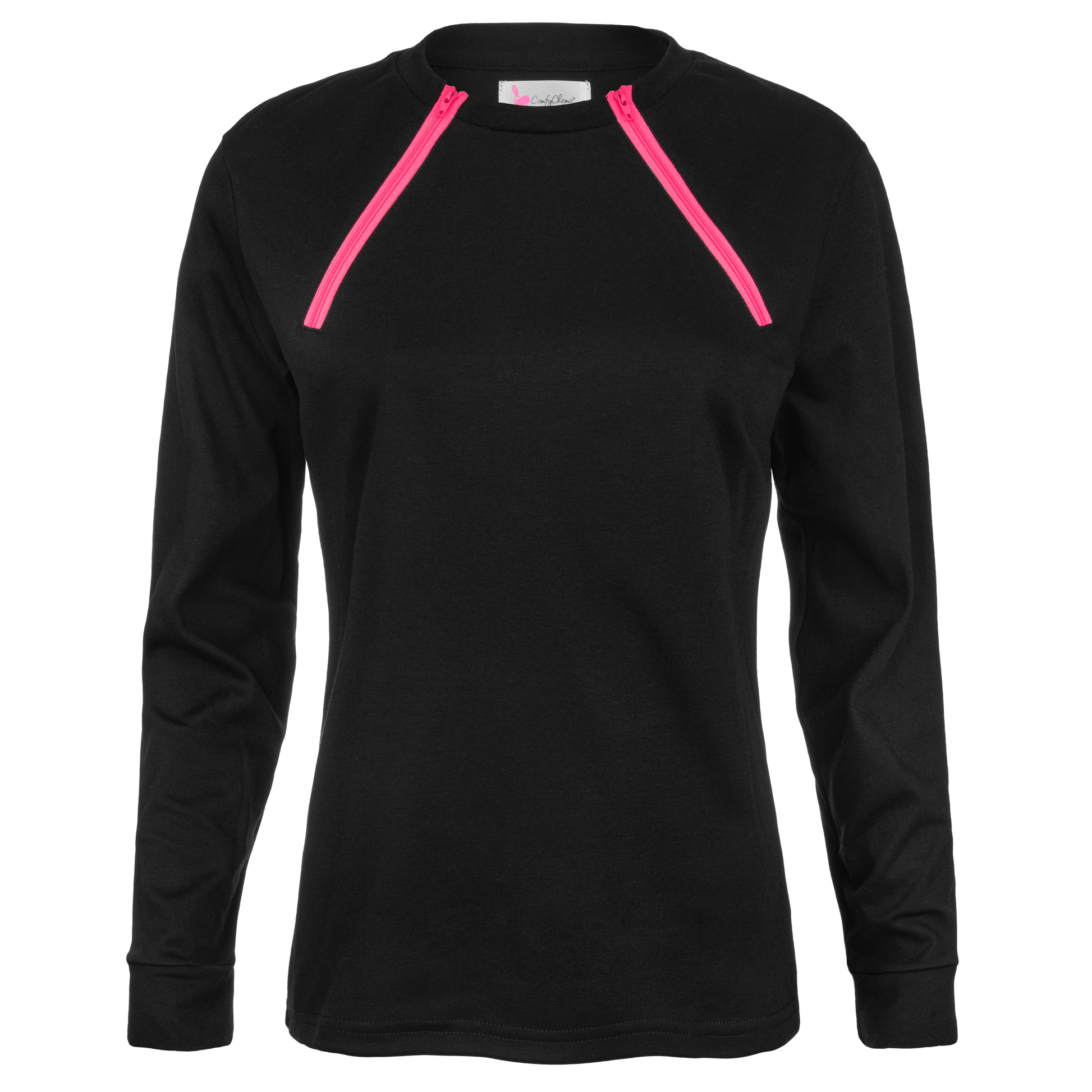 ComfyChemo®CHEMOWEAR and ComfyAccess®INFUSIONWEAR Women's Long Sleeve FunZip Black with Pink Zipper Chest Access Shirt. 