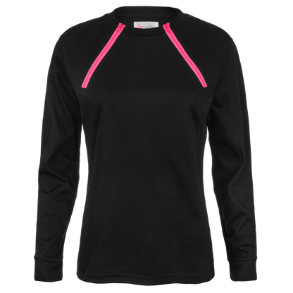 ComfyChemo®CHEMOWEAR and ComfyAccess®INFUSIONWEAR Women's Long Sleeve FunZip Black with Pink Zipper Chest Access Shirt. 