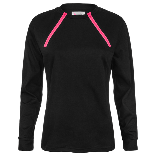 ComfyChemo®CHEMOWEAR and ComfyAccess®INFUSIONWEAR Women's Long Sleeve FunZip Black with Pink Zipper Chest Access Shirt. 