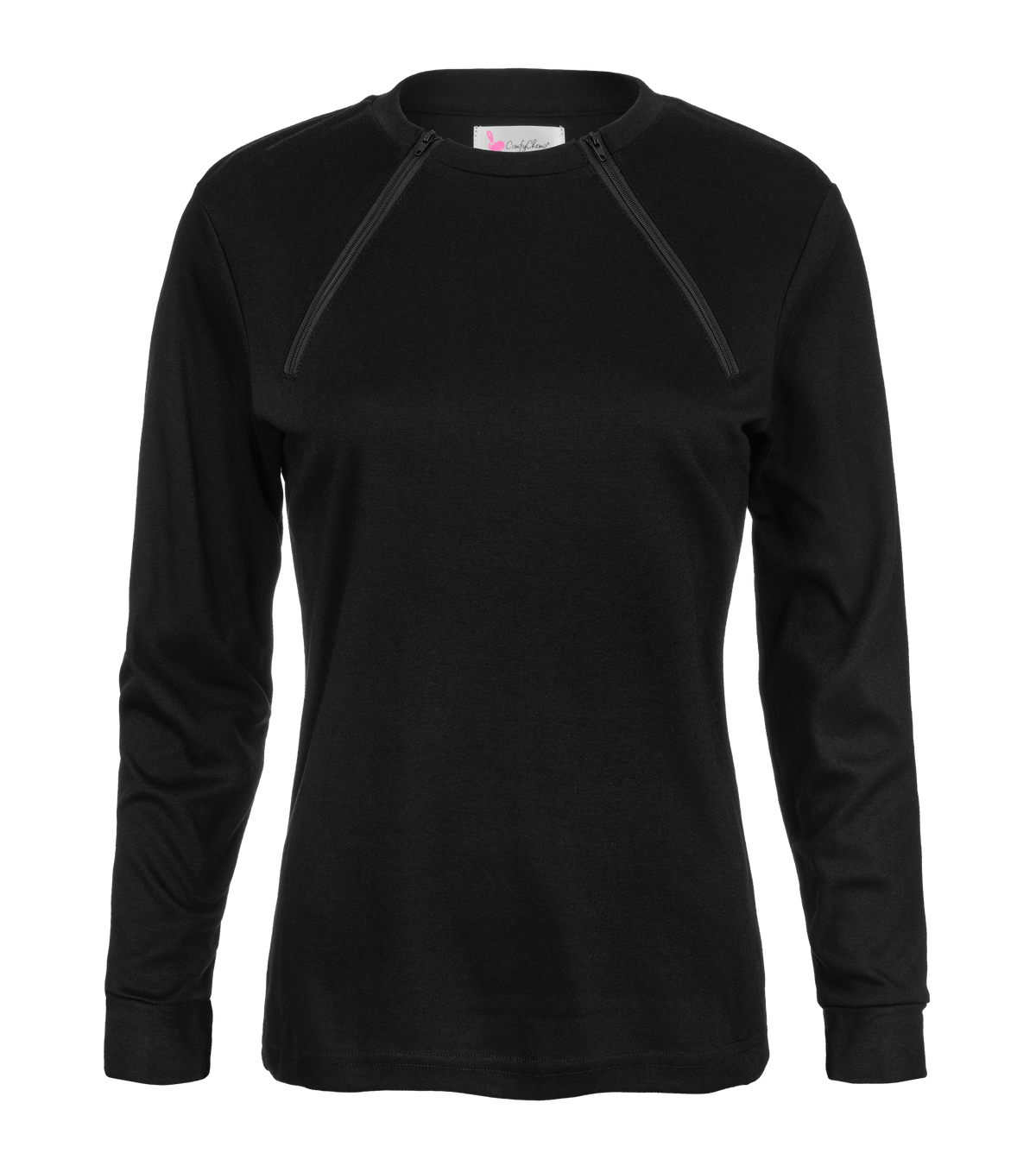 ComfyChemo®CHEMOWEAR and ComfyAccess®INFUSIONWEAR Women's Long Sleeve Black Chest Access Shirt. Great for chest ports.