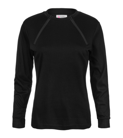 ComfyChemo®CHEMOWEAR and ComfyAccess®INFUSIONWEAR Women's Long Sleeve Black Chest Access Shirt. Great for chest ports.