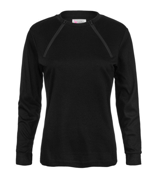 ComfyChemo®CHEMOWEAR and ComfyAccess®INFUSIONWEAR Women's Long Sleeve Black Chest Access Shirt. Great for chest ports.