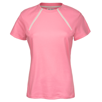 ComfyChemo®CHEMOWEAR and ComfyAccess®INFUSIONWEAR Women's dual zippered pink short sleeve chest access shirt. Great for chemo and dialysis.