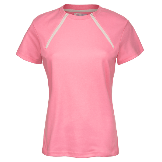 ComfyChemo®CHEMOWEAR and ComfyAccess®INFUSIONWEAR Women's dual zippered pink short sleeve chest access shirt. Great for chemo and dialysis.