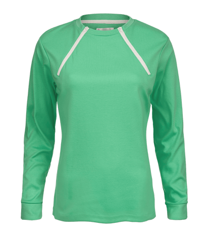 ComfyChemo®CHEMOWEAR and ComfyAccess®INFUSIONWEAR Women's Long Sleeve Aqua Green Chest Access Shirt. Great for chest ports. 