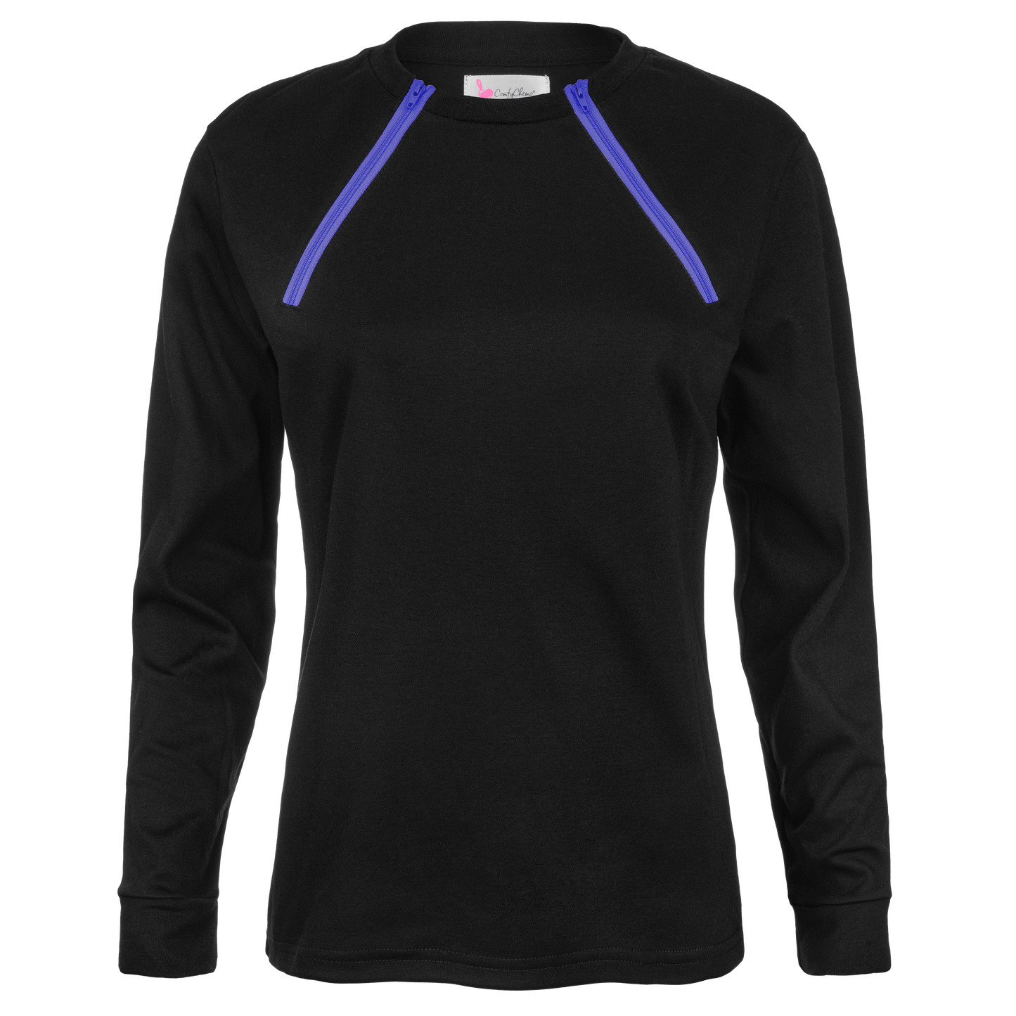ComfyChemo®CHEMOWEAR and ComfyAccess®INFUSIONWEAR Women's Long Sleeve FunZip Black with Purple Zipper Chest Access Shirt.