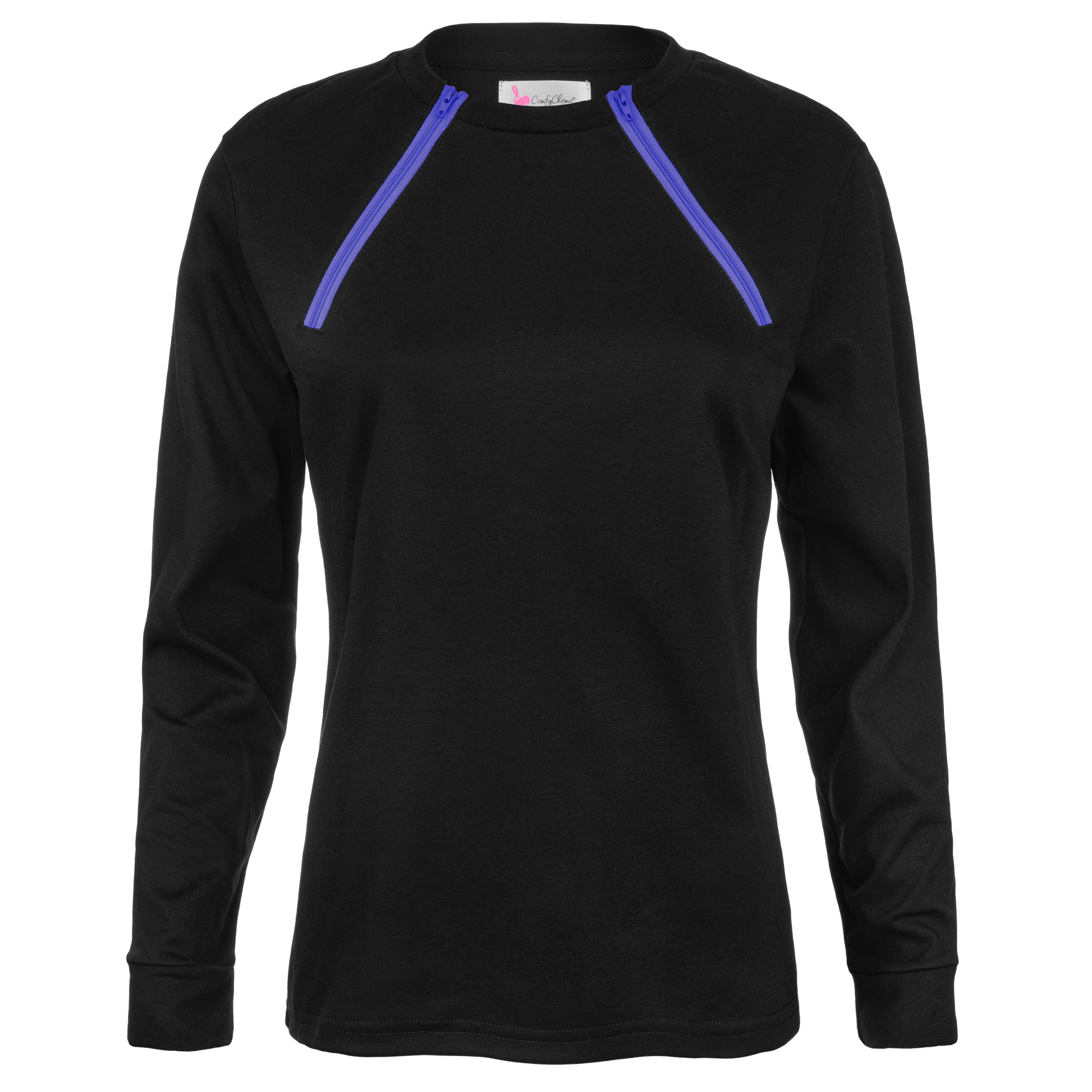 ComfyChemo®CHEMOWEAR and ComfyAccess®INFUSIONWEAR Women's Long Sleeve FunZip Black with Purple Zipper Chest Access Shirt.