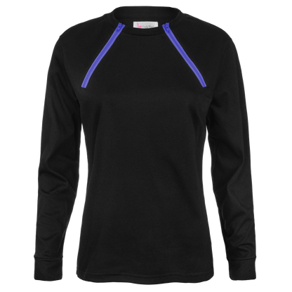 ComfyChemo®CHEMOWEAR and ComfyAccess®INFUSIONWEAR Women's Long Sleeve FunZip Black with Purple Zipper Chest Access Shirt.