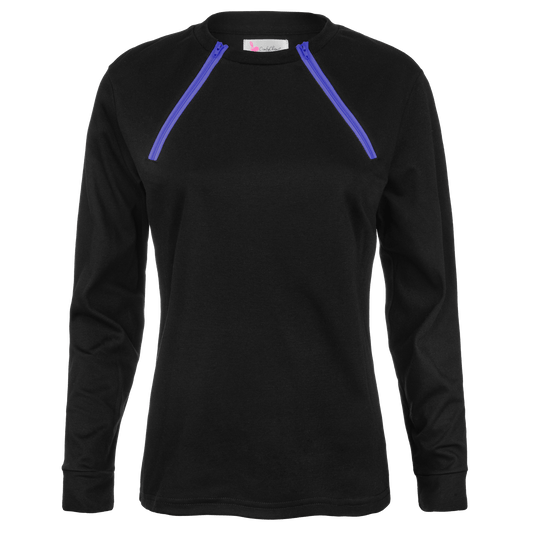 ComfyChemo®CHEMOWEAR and ComfyAccess®INFUSIONWEAR Women's Long Sleeve FunZip Black with Purple Zipper Chest Access Shirt.