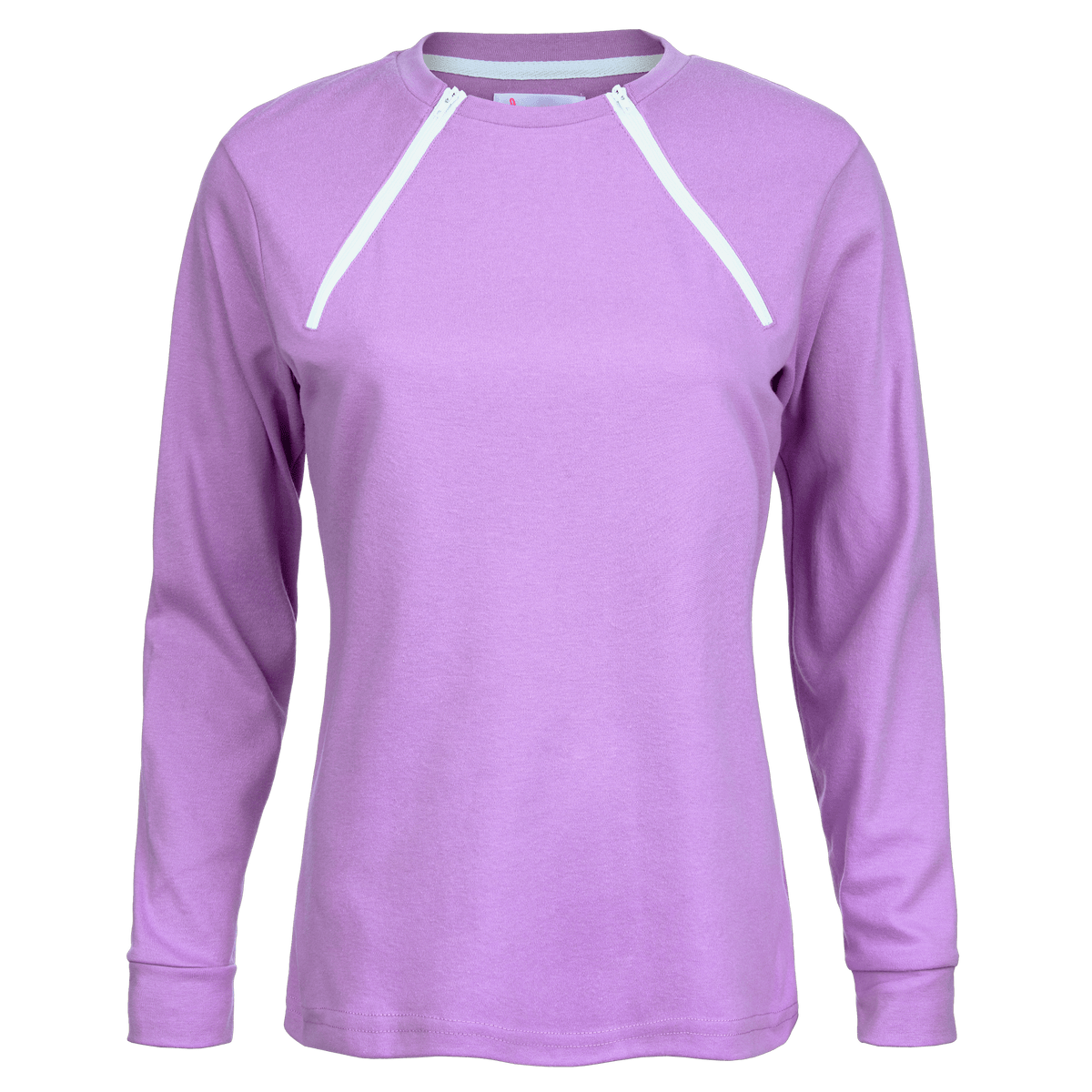 ComfyChemo®CHEMOWEAR and ComfyAccess®INFUSIONWEAR Women's Long Sleeve Purple Chest Access Shirt. Great for chest ports.