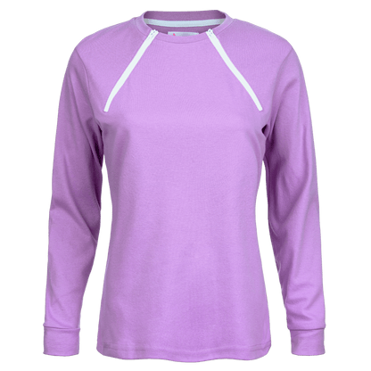 ComfyChemo®CHEMOWEAR and ComfyAccess®INFUSIONWEAR Women's Long Sleeve Purple Chest Access Shirt. Great for chest ports.