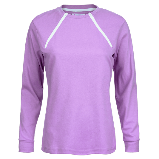 ComfyChemo®CHEMOWEAR and ComfyAccess®INFUSIONWEAR Women's Long Sleeve Purple Chest Access Shirt. Great for chest ports.