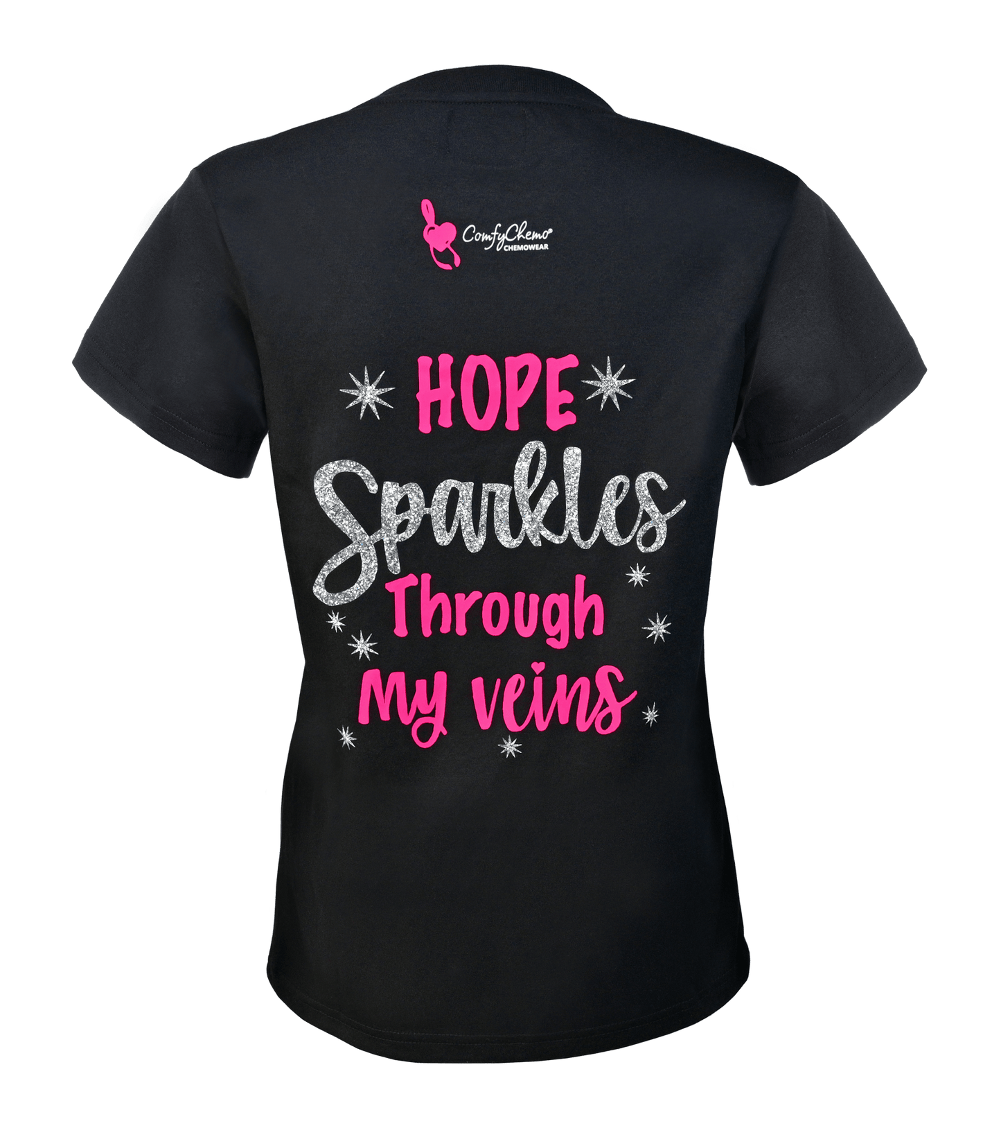Dual zippered chest access shirt with an inspirational phrase on the back. Great for ports and permcaths. 
