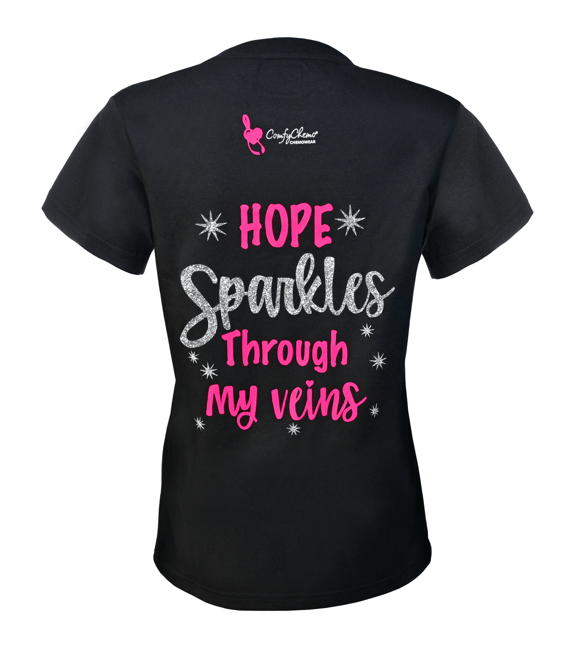 Dual zippered chest access shirt with an inspirational phrase on the back. Great for ports and permcaths. 