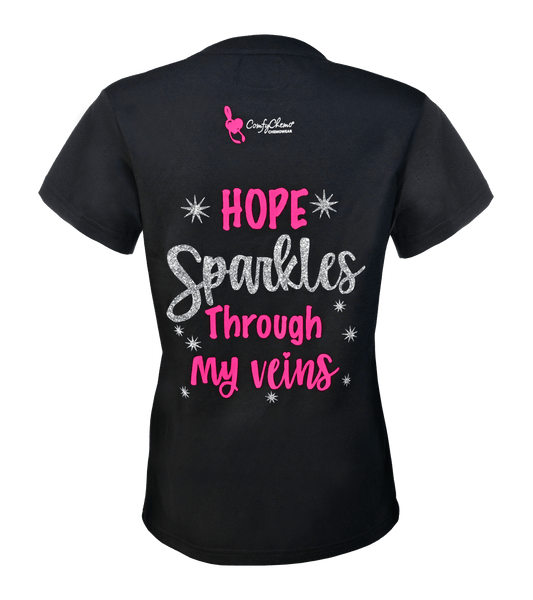 Dual zippered chest access shirt with an inspirational phrase on the back. Great for ports and permcaths. 