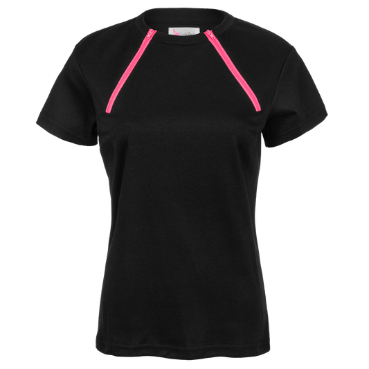 ComfyChemo®CHEMOWEAR and ComfyAccess®INFUSIONWEAR Women's dual zippered short sleeve black with pink zipper chest access shirt. Great for chemo and dialysis.