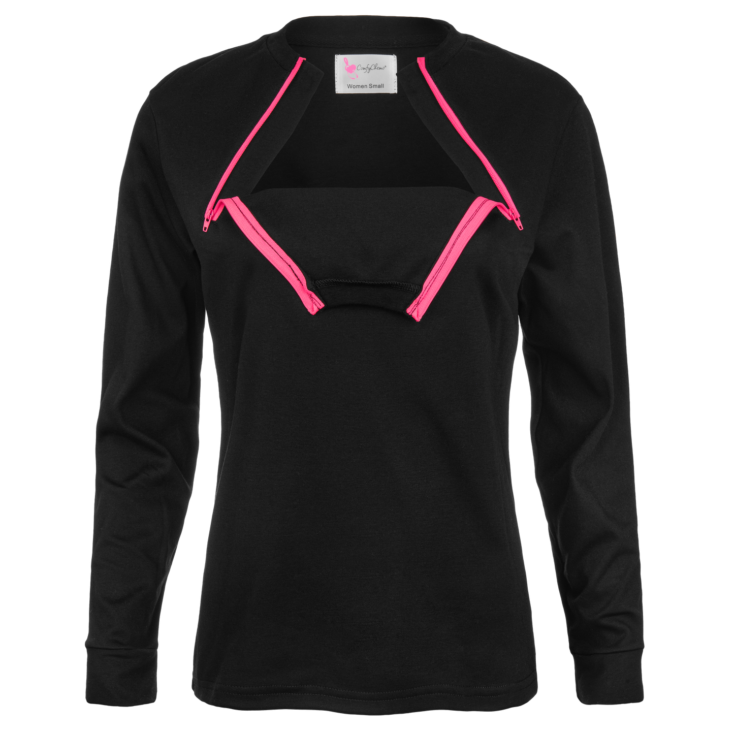 Front View of ComfyChemo®CHEMOWEAR Dual zippered chest access shirt with pink zippers and an inspirational phrase on the back. Great for ports and permcaths.