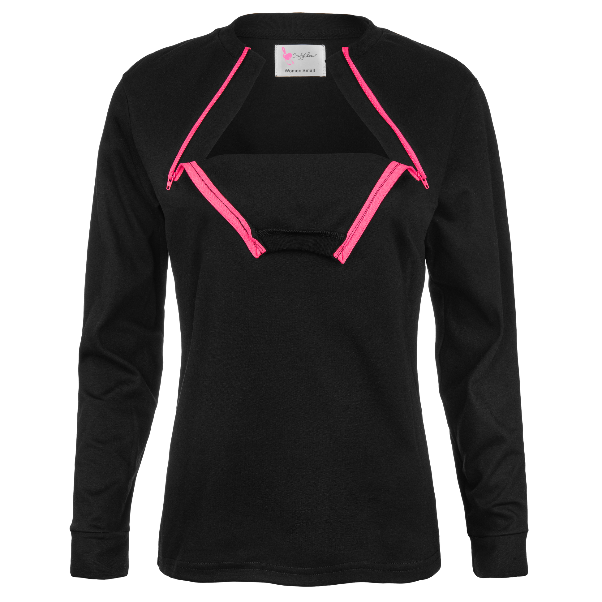 Front View of ComfyChemo®CHEMOWEAR Dual zippered chest access shirt with pink zippers and an inspirational phrase on the back. Great for ports and permcaths.