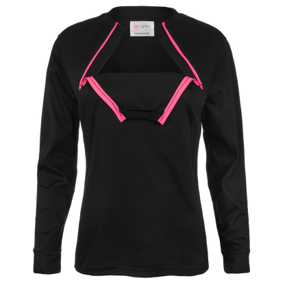 Front View of ComfyChemo®CHEMOWEAR Dual zippered chest access shirt with pink zippers and an inspirational phrase on the back. Great for ports and permcaths.