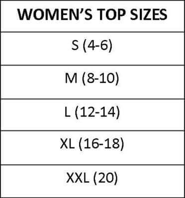 Women's top size chart including S, M, L, XL, and XXL with corresponding number sizes.