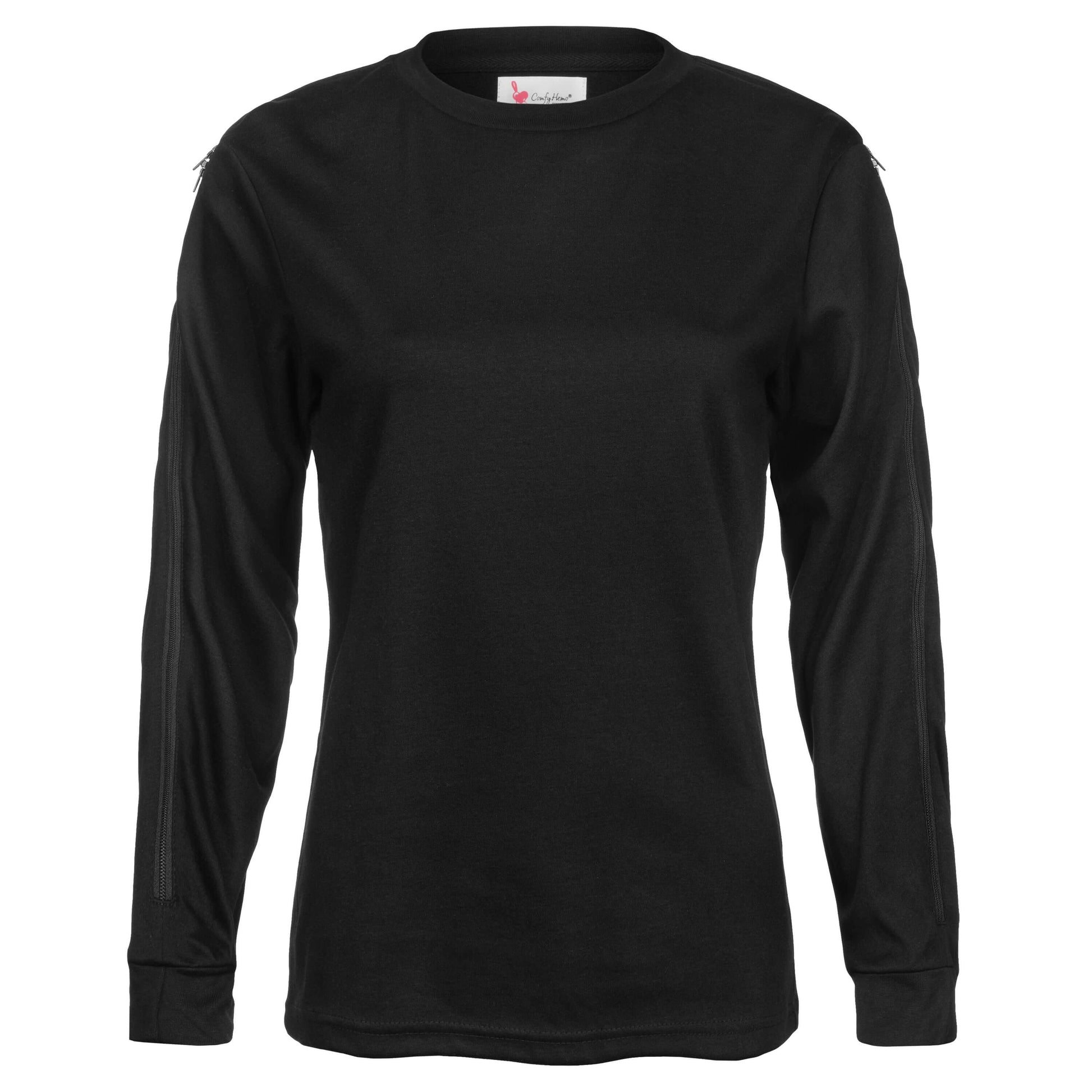 Women's ComfyAccess®INFUSIONWEAR Arm Access Shirt. Dual two-way zippers. Great for dialysis and chemo sites located in the arm. Unzip and rezip for your comfort.
